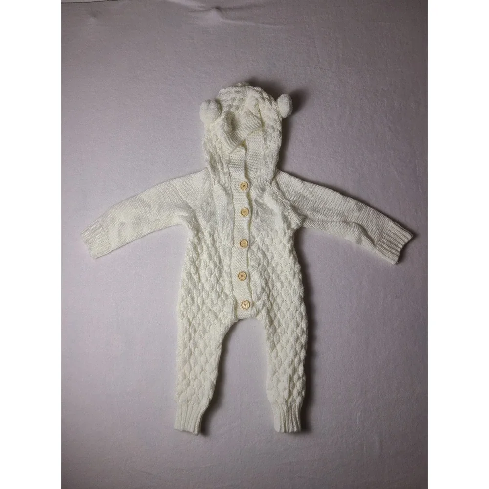 Knit Romper Baby 3-6M White Hooded Bear Ear Cable Knit Cottagecore Vintage Style